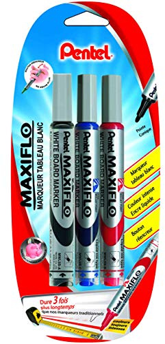 Pentel MWL5S Set mit trocken abwischbaren Markern, für Whiteboard, mittlere Spitze (konisch), Flüssigtinte Lot Schwarz/Blau/Silberfarben