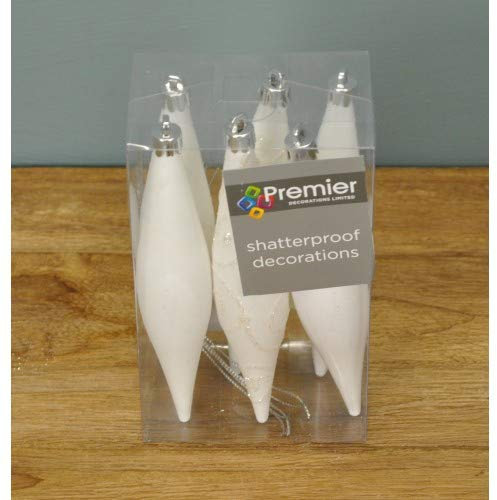 6 x White Icicle / Tear Drop Christmas Tree Baubles