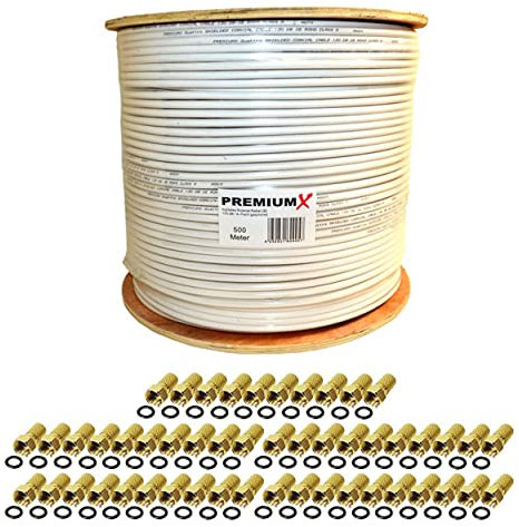 Premium X 500m Basic Koaxialkabel 135dB 4-Fach SAT Antennenkabel Koax-Kabel RG-6 Class A SAT-Kabel 100x F-Stecker