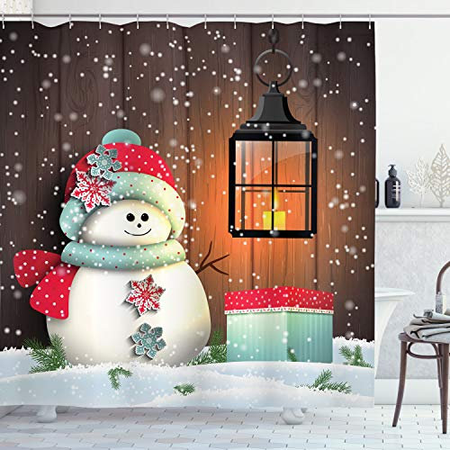 ABAKUHAUS Weihnachten Duschvorhang, Garten mit Geschenkkarton, Stoffliches Gewebe Badezimmerdekorationsset mit Haken, 175 x 200 cm, Braun weiß
