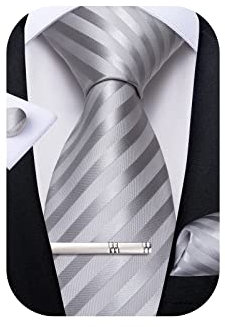DiBanGu Herren-Krawatte aus Seide, einfarbig, Krawatte und Einstecktuch, Manschettenknöpfe, Krawattenklammer, Set, gewebte einfarbige Krawatten für Männer, Hochzeit, Party, 04 Silber, Einheitsgröße