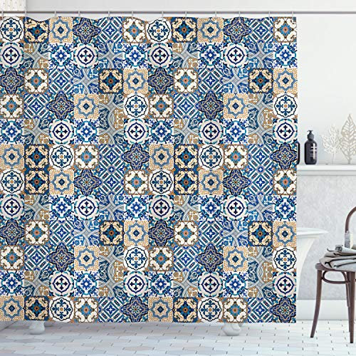 ABAKUHAUS marokkanisch Duschvorhang, Portugiesisch Traditionelle, Stoffliches Gewebe Badezimmerdekorationsset mit Haken, 175 x 220 cm, Hellbraun Weiß und Blau