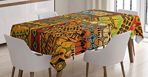 ABAKUHAUS afrikanisch Tischdecke, Grunge Motive, Schmutzabweisend Pflegeleicht Waschbar Druck Mit Klaren Farben ohne Verblassen, 140 x 170 cm, Braun Gelb