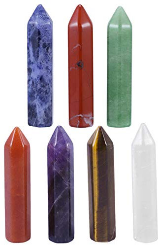 mookaitedecor 7 Chakra Pierres et Cristaux Prisme Hexagonal,Baguette Pointe Pierre Lithothérapie Guerison Meditation Décoration