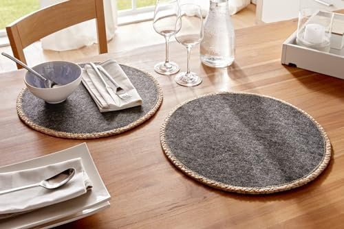 Dekoleidenschaft 2X Platzmatte Trend grau, rund, Ø 38 cm, aus Filz mit geflochtenem Rand aus Wasserhyazinthe, Tischset, Platzset, Filzunterlage, Platzdeckchen, Tisch-Untersetzer, Filz-Untersetzer