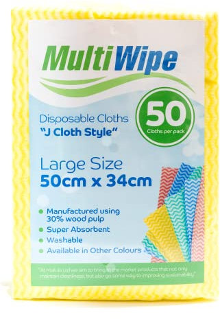 100 Large Multi Purpose Yellow Disposable Cleaning Cloths Made With 30% Wood Pulp |J Cloth Style. | 50cm x 34cm | 50 Cloths per Bag | Also Available in Packs of 50 and 500