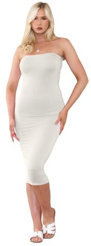 Hamishkane® Robe mi-longue bustier tube pour femmes, robe bandeau sans bretelles ajustée et extensible au crayon pour femmes UK, robe de fête longue sans bretelles d'été, crème, 42-44