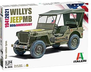 Italeri 3635 1:24 Willys Jeep MB 80th Anniversary - Modellbau, Bausatz, Standmodellbau, Basteln, Hobby, Kleben, Plastikbausatz, detailgetreu, Mehrfarbig