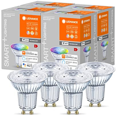 LEDVANCE Smarte LED-Reflektorlampe mit WiFi Technologie, Sockel GU10, Lichtfarbe änderbar (2700-6500K), RGB Farben änderbar, Dimmbar, ersetzt Reflektorlampen mit 50 W, SMART+ WiFi SPOT RGBW, 4er-Pack