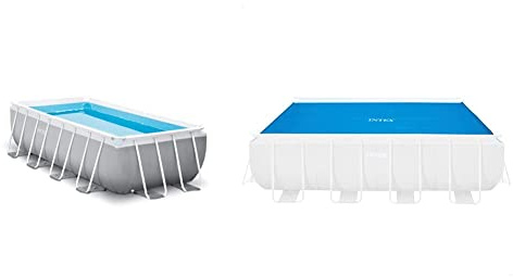 Intex 4M X 2M X 1M Prism Frame Rectangular Pool Set, Hellgrau & Solarabdeckplane für Ultra Frame rechteckig 400 x 200 cm, Stärke 160 Mikron, Fertigungsmaß: 378 x 186 cm, 28088, Blau