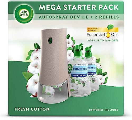 Air Wick Aerosol-Free Automatic Air Freshener Spray Bundle Kit, Fresh Cotton, 1 Gadget & 2 Refills (228ml), 24x7 Active Fresh Odour Neutraliser, Lasts Up to 140 Days, Air freshener For Home