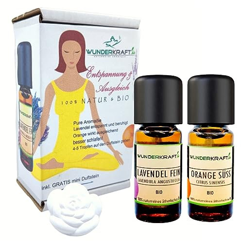 YOGA Set, ätherische Öle für Entspannung und Ausgleich, BIO Lavendelöl + BIO Orangenöl + Duftstein, Aromaöle von WUNDERKRAFT.bio