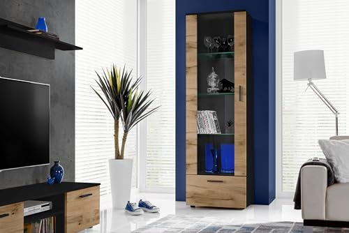 Komodee Vitrine Alessandria Schwarz/Wotan 60x192x42 cm | Vitrine Alessandria, Schwarz/Wotan, Breite 60cm x Höhe 192cm x Tiefe 42cm, ohne LED , 3 Glasböden, für Wohnzimmer