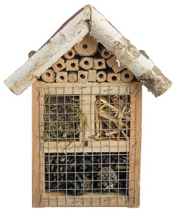 BOGATECO Hotel de abejas para insectos, sin tratar, colmena de madera maciza para abejas, mariquitas y crisopas, casa de insectos y ayuda para anidar para colgar (techo de sauce)