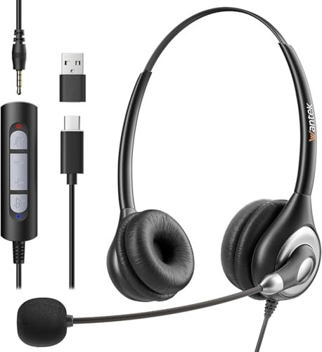 Wantek Headsets mit Mikrofon Noise Cancelling,USB/Typ-C/3.5mm Jack 3-in-1 PC Headsets,USB Headsets und Kabel Lautstärkeregelung für Call Center,Teams,Meetings,Computer Laptops,Klar Chat