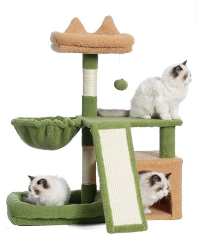 Gitelsnour Cat Tree, Cat Tower with condo, Basket, Large Bed, Platform, Scratch Board, Cat Scratching Posts for Indoor Cats, Green and Yellow GCT002SGY