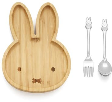 Zilverstad - Assiette en Bambou Miffy + 2 Couverts en INOX, Brown