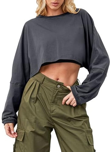 Ziesexy Cropped Sweatshirt Long Sleeve Crop Top Workout Oversized Sweatshirt Loose Crop Tops For Women Crewneck Sweatshirt, Gray, Medium