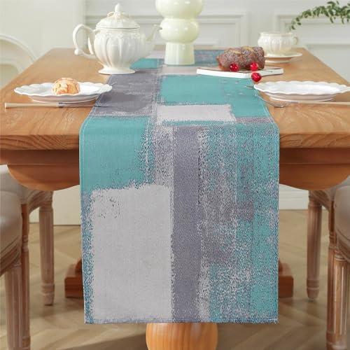 Tischläufer 40 x 140 Tischläufer Abwaschbar Leinen Modern Türkis und Grau Frühling Winter Sommer Herbst Dekoratives Tuch für Couchtisch, Weihnachtsfeiern, Hochzeiten, Drinnen Draußen Party
