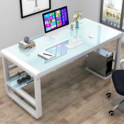 FAANAS Escritorio de Ordenador de Cristal Templado con Estantes de Almacenamiento, Mesa de Estudio Moderna y Sencilla Mesa para Ordenador Portatil Escritorio para Juegos(120x60x75cm, White)