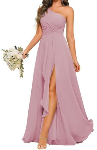 SAYNO Robe de demoiselle d'honneur asymétrique en mousseline de soie avec corsage plissé, robe longue trapèze formelle pour femme, vieux rose, 46