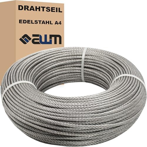 Edelstahl Seil Drahtseil Edelstahlseil VA4 INOX316 Rostfrei Stahlseil Edelstahldrahtseil Geländerseil (7x7 / 4 mm - 10 m)