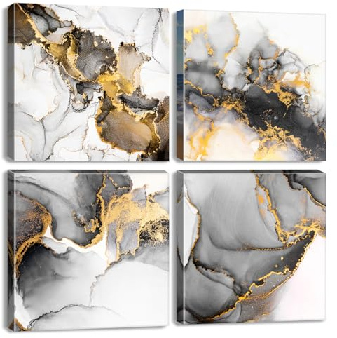 Arte de pared abstracto de mármol para baño, imágenes negras y doradas, 4