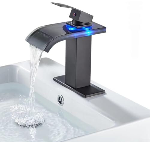 HpLive Wasserfallhahn Waschtischarmatur mit LED-Licht, Waschbecken Armatur ohne Überlauf-Ablaufstopfen, Einzelgriff, Stromerzeugung durch Wasserdruck