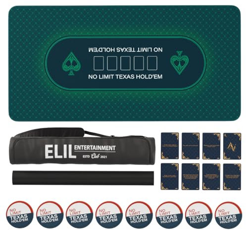 Elil Texas Hold’em Poker Mat 180cmx90cm – Non-Slip Rubber Backing, Casino-Style Poker Table Top Layout, Portable Roll-Up Design with Carry Bag, Bonus Coasters & All-in Cards