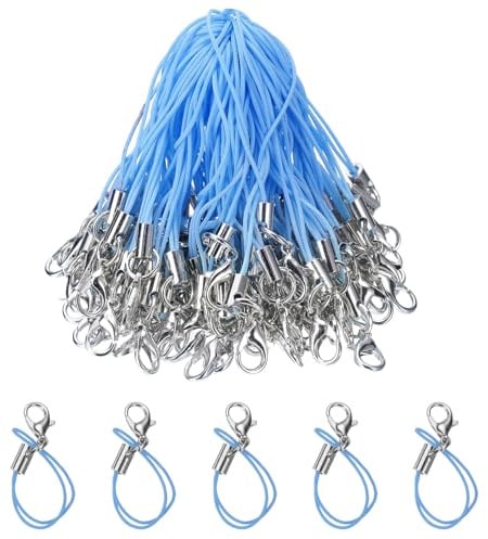 QUARKZMAN 200 Piezas de Cuerdas de Cierre Correa Llavero Encanto Cuerda Corta con Mosquetón para Fundas de Teléfono Móvil Llavero DIY Haciendo Joyería, Azul Claro