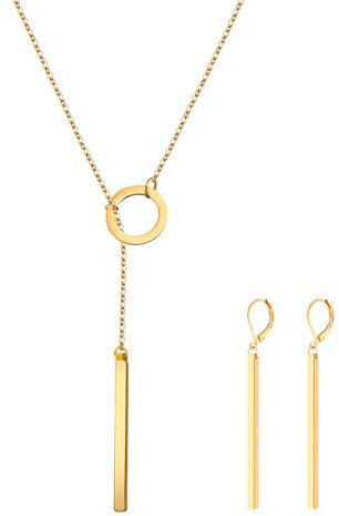 ZENGSING Anhänger Halskette Damen Baumeln Ohrringe Schmuck Set Kette Y Halskette vertikale Bar Anhänger Lariat Halskette Damen Anhänger Hoop Ohrringe für Frauen Mädchen Geschenke (Gold)