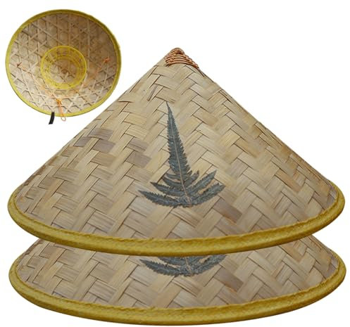 Grtheenumb 2Pcs Rice Hat 14.2'' Dia Bamboo Fiber Hand-Woven Bamboo Hat with Inside Bowl Hat & Adjustable Head Rope Chinese Hat for Kids Outdoor Travel Picnic Fishing Hiking, Rice Hat
