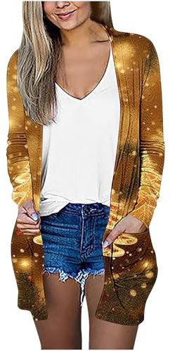 HAOLEI Damen Langärmliger Cardigan Mit Weihnachtlichem Weinglas Print Und Rüschen Oberteil, Weihnachten Strickjacke Lustige Grafik, Sale Jacke Elegant Schick, Weihnachten Sweatjacke Weich Bequem