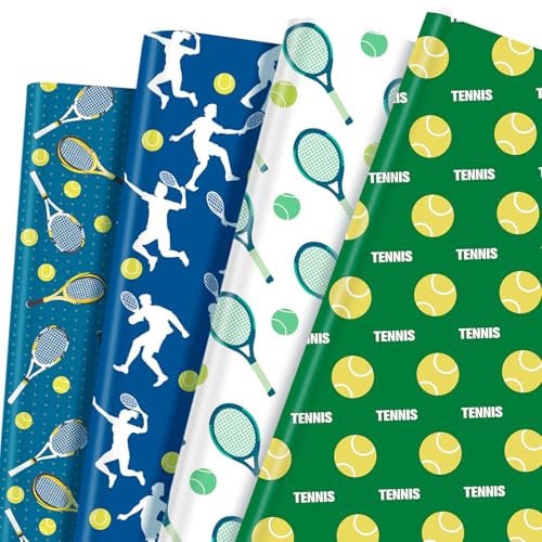 Tennis-Geschenkpapier, 12 Blatt, Geschenkpapier für Sport-Tennisschläger, Geschenkpapier für Geburtstag, Teamfeier, Geschenke, Packpapier – 50,8 x 71,1 cm