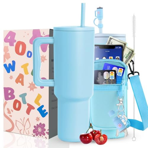Sanilinwild 40 oz Tumbler with Handle and Straw Water Bottle Holder with Phone Pocket-BPA-Free-Easy to Carry-Travel Coffee Mug - Dishwasher Safe-Women Men for Holiday (Sky Blue)