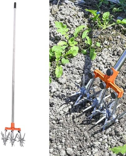 Outil de Cultivateur Rotatif, Motoculteur Rotatif de Jardinage avec Poignée Réglable et Turbines Amovibles, Désherbeur de Jardin Manuel en Acier Inoxydable, Motoculteur Manuel