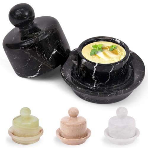 MARBLOUS KRAFTS Marble Covered Butter Dish Mini 4 Inch Black Zebra Butter Crock with Lid for Countertop, French Butter Crock for Soft Butter Spreader