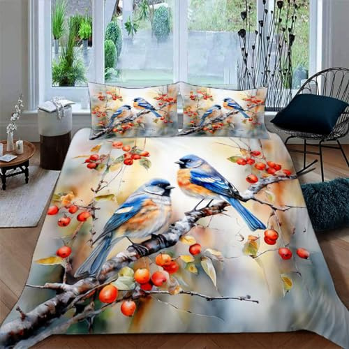 Zbeiba Bettwäsche 135x200,Bettbezug Set 3 Teilige mit 2 Kissenbezug,Blumen-Vogel-Malerei Muster（135x200+2 * 80x80,#5）