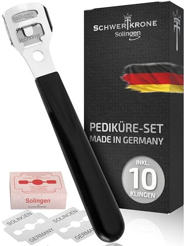 Schwertkrone Hornhauthobel Set mit 10 Klingen [MADE IN SOLINGEN - GERMANY] – Hornhaut Hobel – Hornhautentferner mit Ersatzklingen – Fußpflege Werkzeug für Männer & Frauen – Edelstahl Profi Pediküre