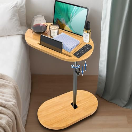 Exquilnova C Form Beistelltisch 360° Rotierend Sofatisch Höhenverstellbar 42-82cm, Bambus Beistelltische Holz und Metall Klein Couchtisch Kaffeetisch Side Table für Wohnzimmer Bad Bett Sofa (Bamboo)