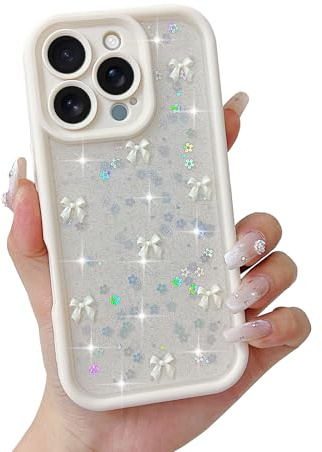 Micoden 3D Bow Case for iPhone 16 Pro with Glitter Star-White | Cute Bowknot Pattern Sparkly Bling Back Cover,Slim Soft TPU Shockproof Protective Aesthetic Design Phone Case for Girls Women