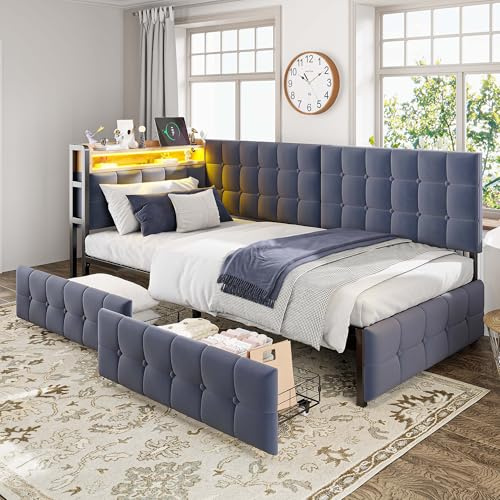 Polsterbett Schlafsofa 90x200 mit LED-Beleuchtung & USB-Type-C-Ladestation,Einzelnbett Sofabett Gästebett Jugendbett Tagesbett Bettgestell mit 2 Schubladen & Lattenrost aus Metall,ohne Matratze,Grau