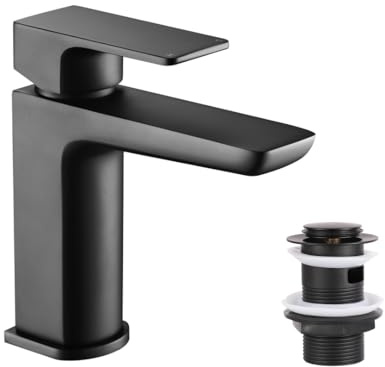VeeBath LogoonSoft Square Basin Mixer with Pop-Up Waste – Modern Matt Black Finish, Single Lever Control, G1/2 BSP Inlet, Deck Mounted Bathroom Taps, Bath and Basin Taps