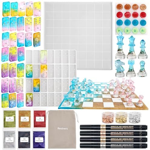 Resiners Kit Moules Échecs Résine, Silicone Échecs, Dominos et Dames | Kit Complet DIY Avec Moules Silicone 3D Réutilisables, Paillettes, Flocons Métallisés et Marqueurs Pour Créations Résine