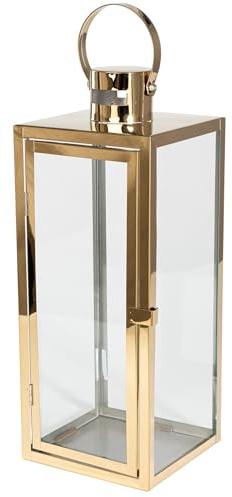 Laterne Metall Glas, dekorativer Lampion für Wohnzimmer & Outdoor – modern & elegant, in 3 Größen 38/49/63 cm & Farben Schwarz/Gold/Silber, auch als Set erhältlich (Gold, 49cm)