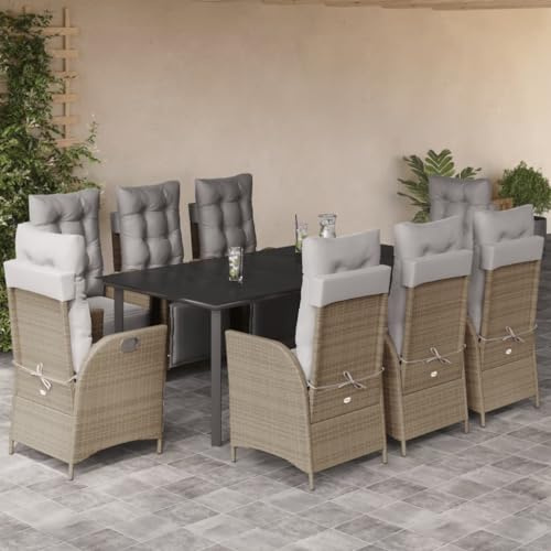 Runheo 9-TLG. Garten-Essgruppe mit Kissen, Beige Poly Rattan, verstellbare Relaxsessel, Glastisch, UV-beständig für Terrasse, Balkon, Outdoor