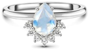 Damenring Modern, Damenring für mittelfinger Birnenförmiger Mondstein und Diamant 18K Weißgold Größe 54 (17.2)