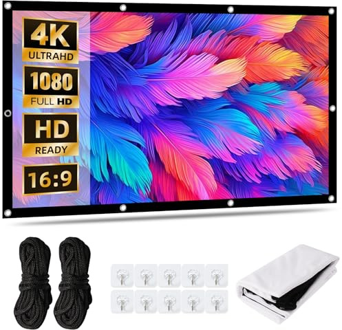 YOOULIT Écran de Projection 100 16:9 4K HD, Soie de Lait épaisse | Portable, 10 crochets & 2 cordes, pour home cinéma, bureau, école, fête et extérieur