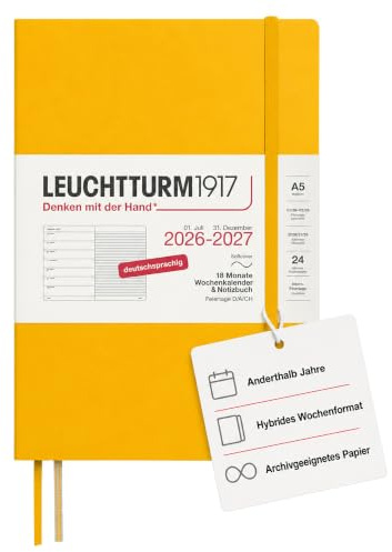 LEUCHTTURM1917 Agenda settimanale 2027 A5 con taccuino, a righe, agenda tedesca, 18 mesi luglio 2026 - dicembre 2027, Sunflower, copertina morbida, 210 x 145 mm, panoramica settimanale sinistra +