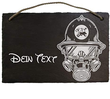 Generisch Schiefertafel ca. 21x29cm graviert mit Maske des Feuerwehrmanns, Wunschtext und Name Schieferplatte Klingelschild Türschild für freiwillige oder Berufs-Feuerwehr